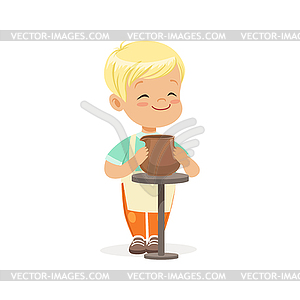 Cute little boy potter making ceramic pot, kids - vector image