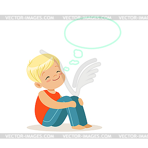 Happy blonde little boy dreaming with thought - vector image