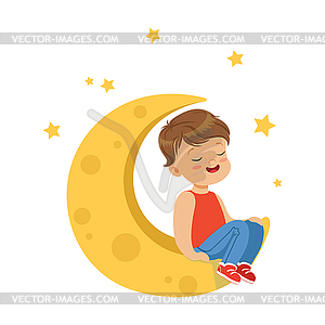 Sweet little boy with closed eyes sitting on moon, - vector clipart