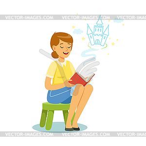 Beautiful woman sitting on kids small stool and - vector clipart