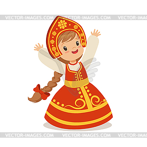 Cute girl wearing red sarafan and kokoshnik, - vector image