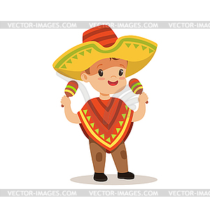 Cute boy wearing poncho and sombrero, national - vector clipart