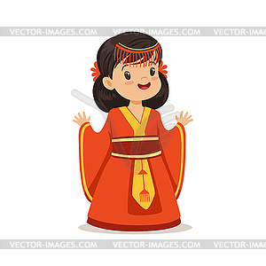Smiling girl wearing red dress, national costume - vector clip art