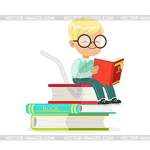 Smart boy sitting on pile of books and reading book - royalty-free vector image