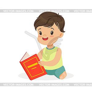 Little boy sitting on floor and reading book, kid - vector image