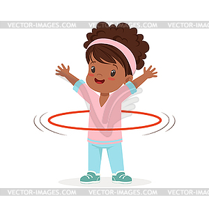 Girl spining hula hoop around waist, kid doing - vector clipart