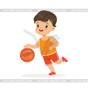 Boy playing basketball, player is moving dribble - vector image