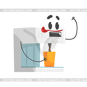 Funny coffee machine character with smiling face, - vector clip art