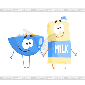 Cute cartoon bowl of flakes and carton of milk - vector clip art