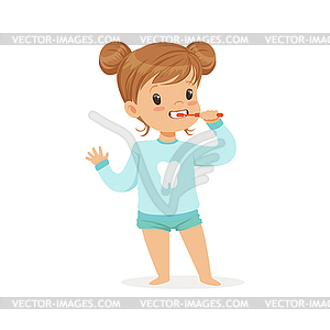 Очаровательная мультяшная девушка чистит зубы, дети - клипарт Royalty-Free