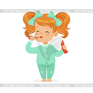 Beautiful cartoon redhead girl in light blue pajama - vector clip art