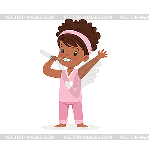 Adorable black cartoon girl in pink pajamas brushin - vector clipart