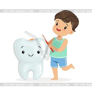 Smiling boy brushing big smiling toorh with brush, - vector clipart / vector image