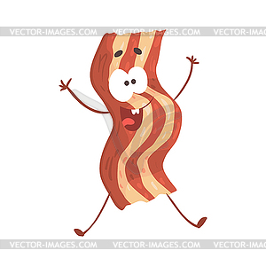 Cute cartoon fried bacon with smiley face, funny - vector clip art