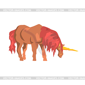 Brown unicorn horse with red mane, mythical and - vector image