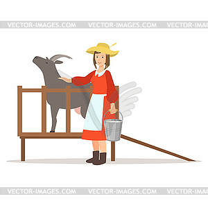 Farmer woman milking her goat, farming and - vector clip art