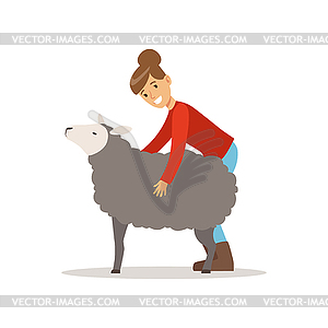 Farmer woman caring for her sheep, farming and - vector clipart