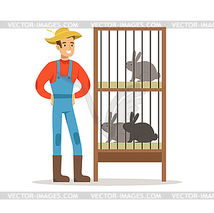 Smiling farmer standing next to rabbit cages, - vector clipart