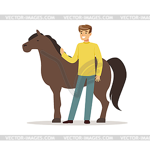 Farmer man caring for his horse, farming and - vector EPS clipart