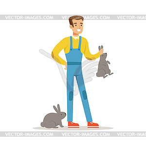 Farmer woman caring for rabbits, farming and - vector clip art