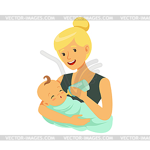 Happy blonde mother holding her bonded baby and - vector clipart / vector image