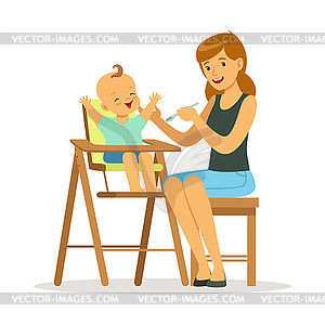 Happy young mother feeding her baby in highchair, - vector clipart