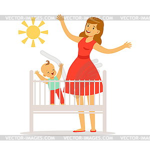 Little baby is in crib woke up in morning, mother - vector clipart