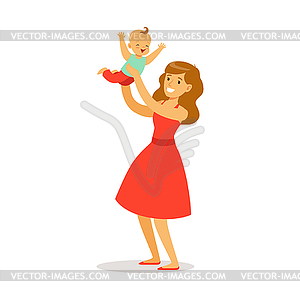 Beautiful young mother in red dress with her - vector clip art