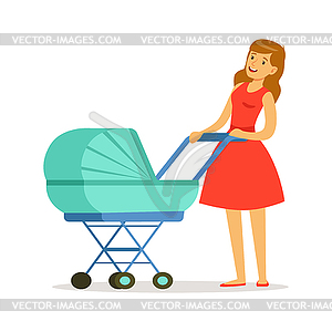 Beautiful young mother in red dress walking with he - vector clip art