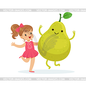 Happy girl having fun with fresh smiling pear fruit - vector EPS clipart