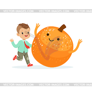 Happy boy having fun with fresh smiling orange - vector image