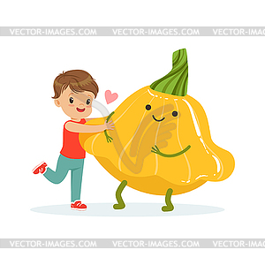 Happy boy having fun with fresh smiling squash - vector image