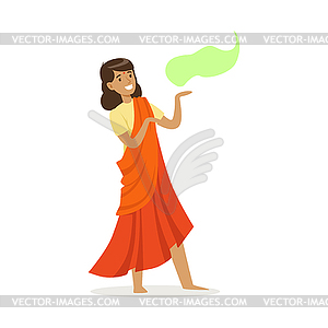 Beautiful Indian woman in an orange sari dancing - vector image