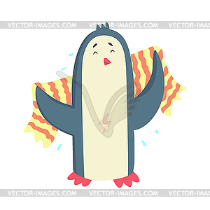 Cute cartoon penguin drying its body with striped - vector clip art