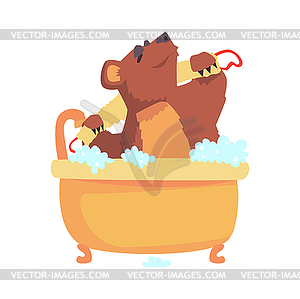 Cute cartoon bear taking bath washing its body - vector clipart / vector image