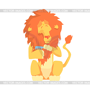 Cute cartoon lion combing its mane colorful - vector clip art