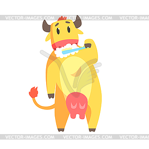 Cute cartoon cow brushing teeth with tooth brush an - vector clip art
