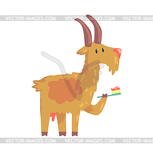 Cute cartoon goat brushing teeth with tooth brush - vector image