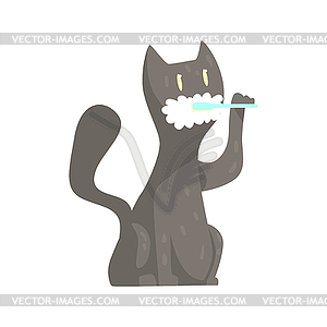 Cute cartoon grey cat brushing teeth with tooth - vector clip art