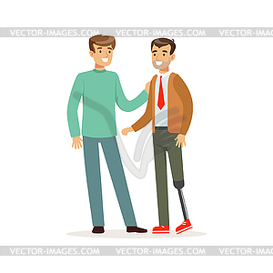 Meeting of friends, two men talking, one man with - vector clipart