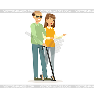 Smiling female volunteer helping and supporting - vector clipart