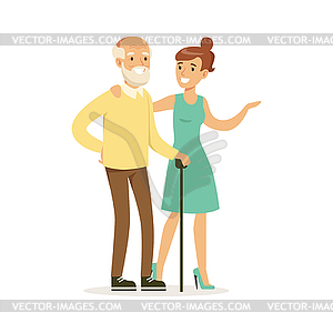 Young woman helping and supporting elderly man, - vector image