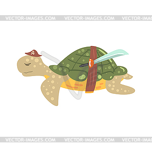 Забавный мультяшный черепаха пират в шляпе с мечом - клипарт в векторе