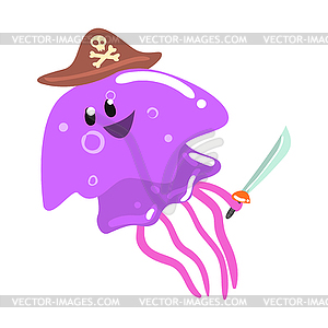 Funny cartoon purple jellyfish pirate in hat holdin - vector image