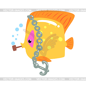 Funny cartoon yellow tang fish with anchor chain - vector image