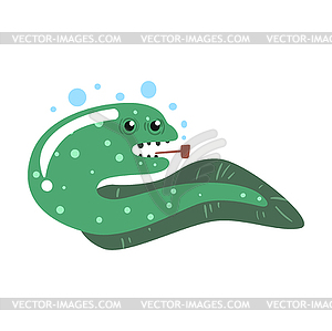 Funny cartoon eel fish smoking pipe colorful - vector image