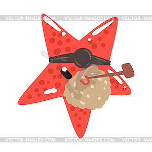 Funny cartoon red starfish pirate with an eye - vector clipart