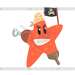 Funny cartoon starfish pirate holding black flag - vector clip art