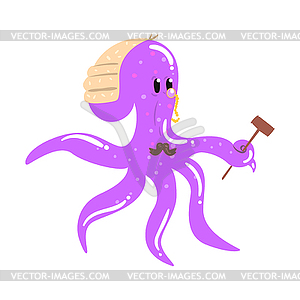 Funny cartoon octopus judge with gavel colorful - vector clipart