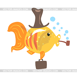 Funny cartoon golden fish in hat with briefcase - vector clipart